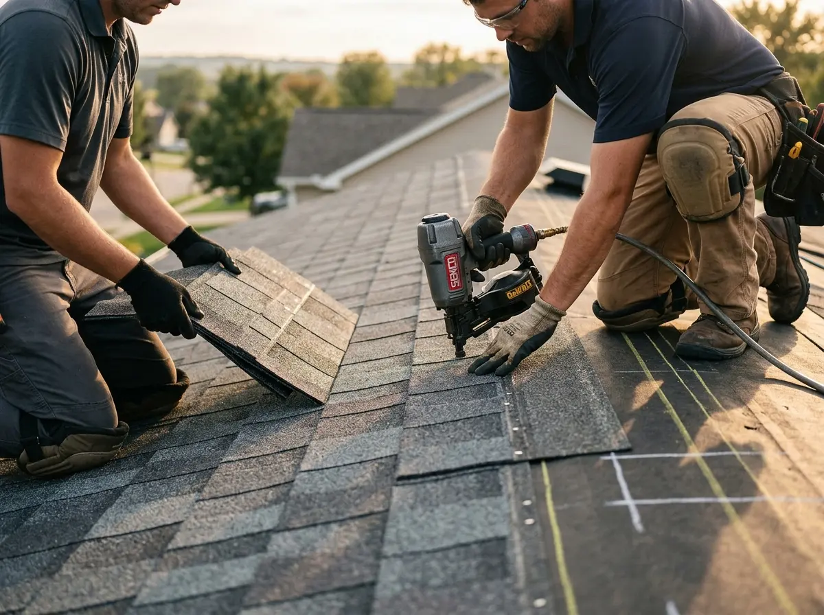 Professional roofer working on a residential roof in Godley